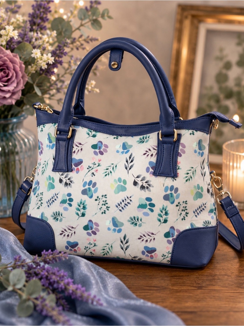 Blue Trim Floral Print Tote Bag